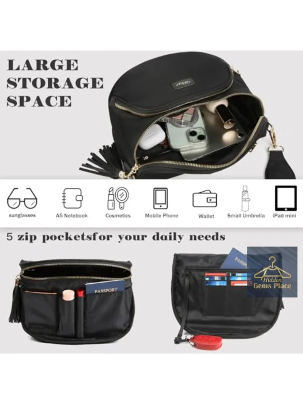 Anti Theft Crossbody Bag Waterproof Nylon Fanny Pack Spacious Travel Purse